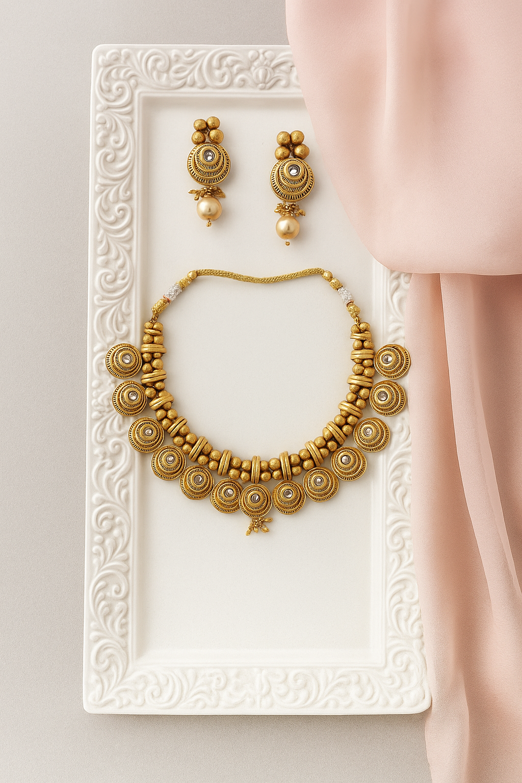 Antique Matte Gold Beaded Necklace Set with Round Motifs and Pearl Drops